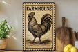 a wooden sign with a rooster illustration, placed on a wooden surface next to a wooden cutting board and some lemons.