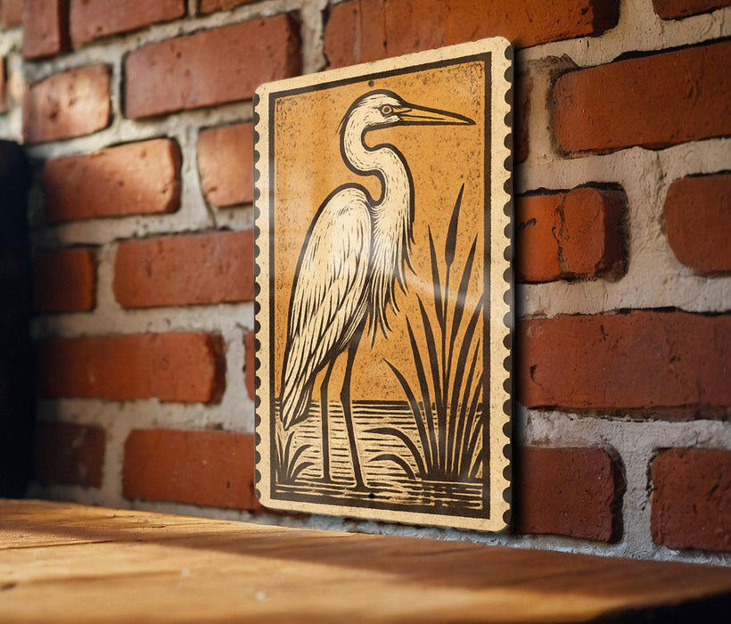 a large, detailed illustration of a heron standing on a brick wall.