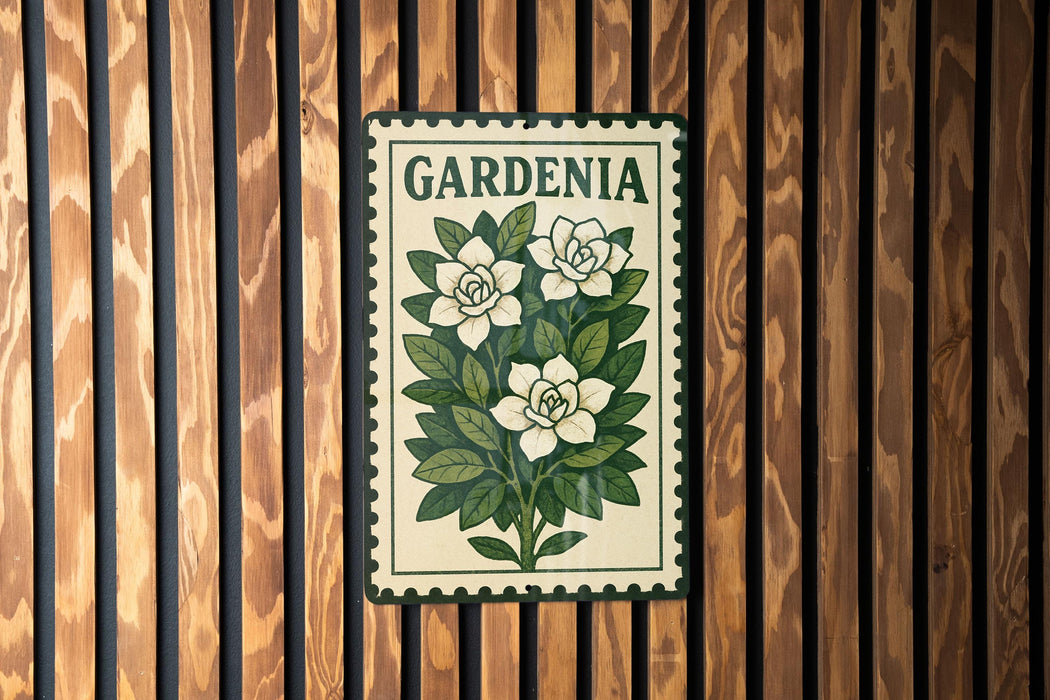 A vintage-style metal sign with the word "GARDENIA" displayed prominently in the center, featuring a floral illustration of white flowers and green leaves.
