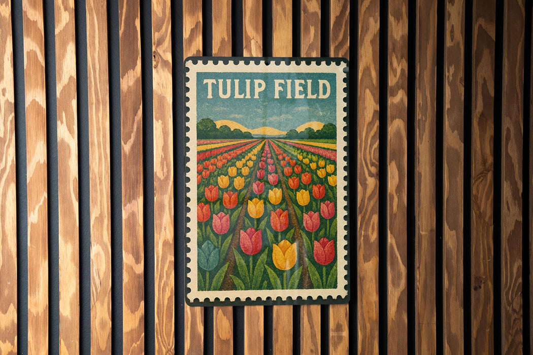 A vintage-style postage stamp depicting a field of colorful tulips, with the text "TULIP FIELD" prominently displayed.