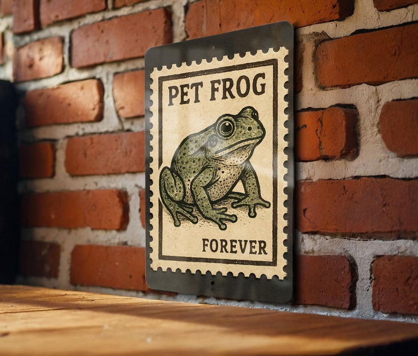 A metal sign with a frog illustration is mounted on a brick wall.
