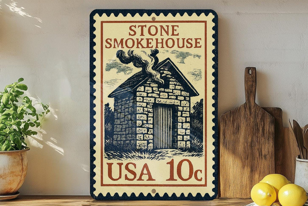 A vintage-style metal sign with a brick house illustration and text, mounted on a wall next to a wooden cutting board and some kitchen utensils.
