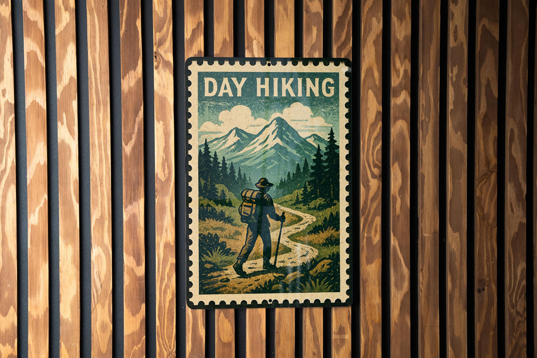 A vintage-style metal sign with the text "DAY HIKING" and an illustration of a hiker walking on a trail through a mountainous landscape.