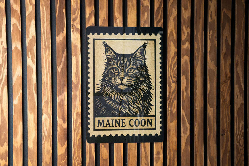 A Maine Coon cat illustration on a wooden wall, with the text "MAINE COON" below the image.