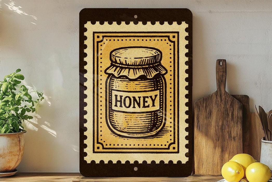 a framed illustration of a jar of honey on a shelf, with a wooden cutting board and a potted plant nearby.