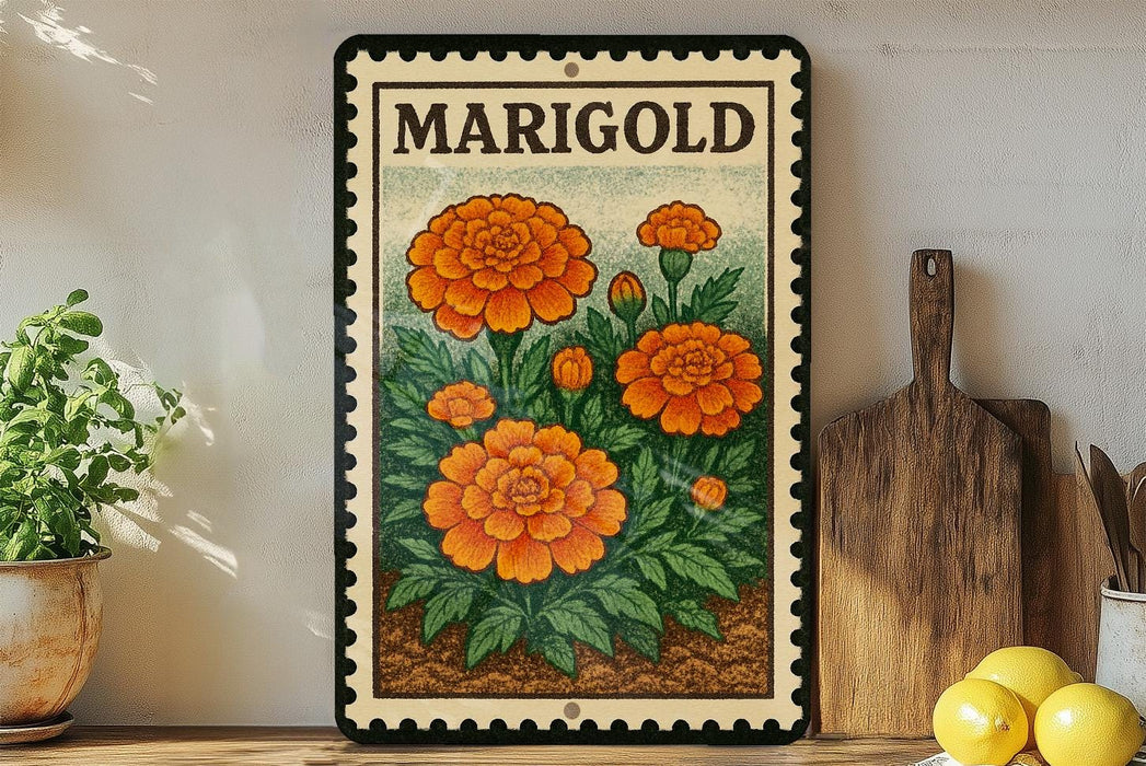 A framed illustration of marigold flowers is displayed on a shelf, accompanied by a wooden cutting board and a potted plant.