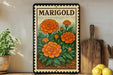 A framed illustration of marigold flowers is displayed on a shelf, accompanied by a wooden cutting board and a potted plant.