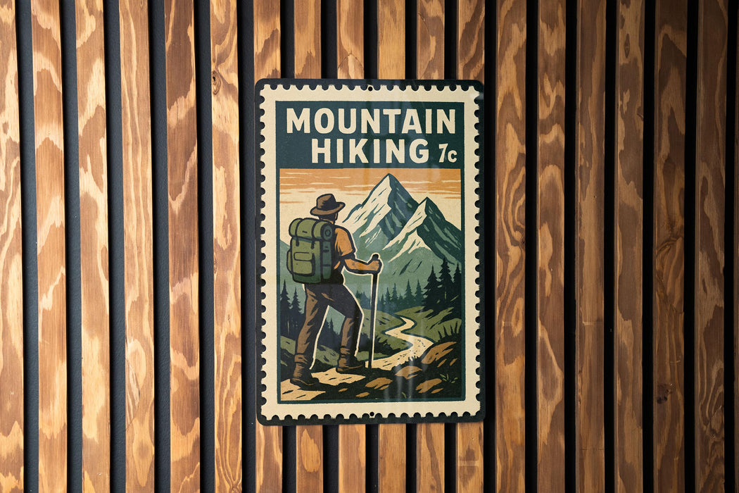 A vintage-style metal sign with a hiker standing in front of a mountain landscape, mounted on a wooden wall.