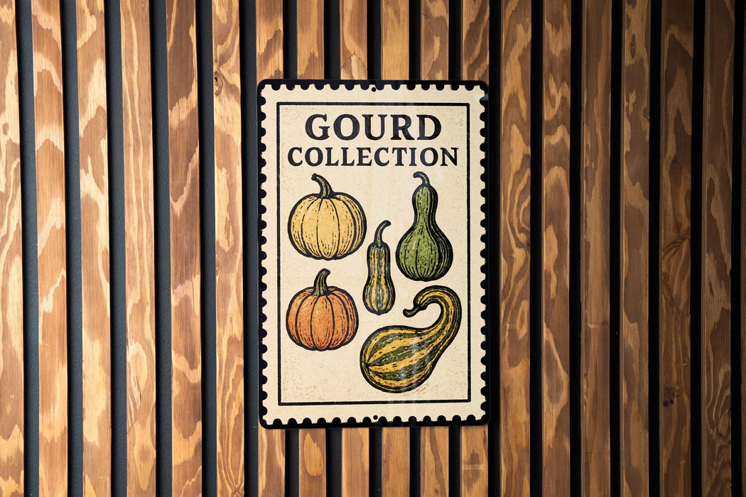 A poster with the title "Gourd Collection" and illustrations of various gourds is displayed on a wooden wall.