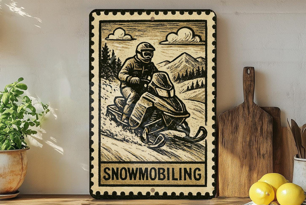 A metal sign with a black and white illustration of a person riding a snowmobile on a snowy mountain landscape, with the word "Snowmobiling" written below the image.