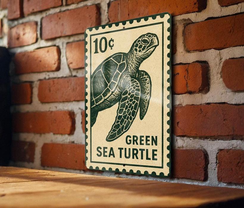 Green Sea Turtle Metal Sign Vertical | Coastal Beach Wall Art | Vintage Stamp Style Ocean Decor | Sea Life Aluminum Sign
