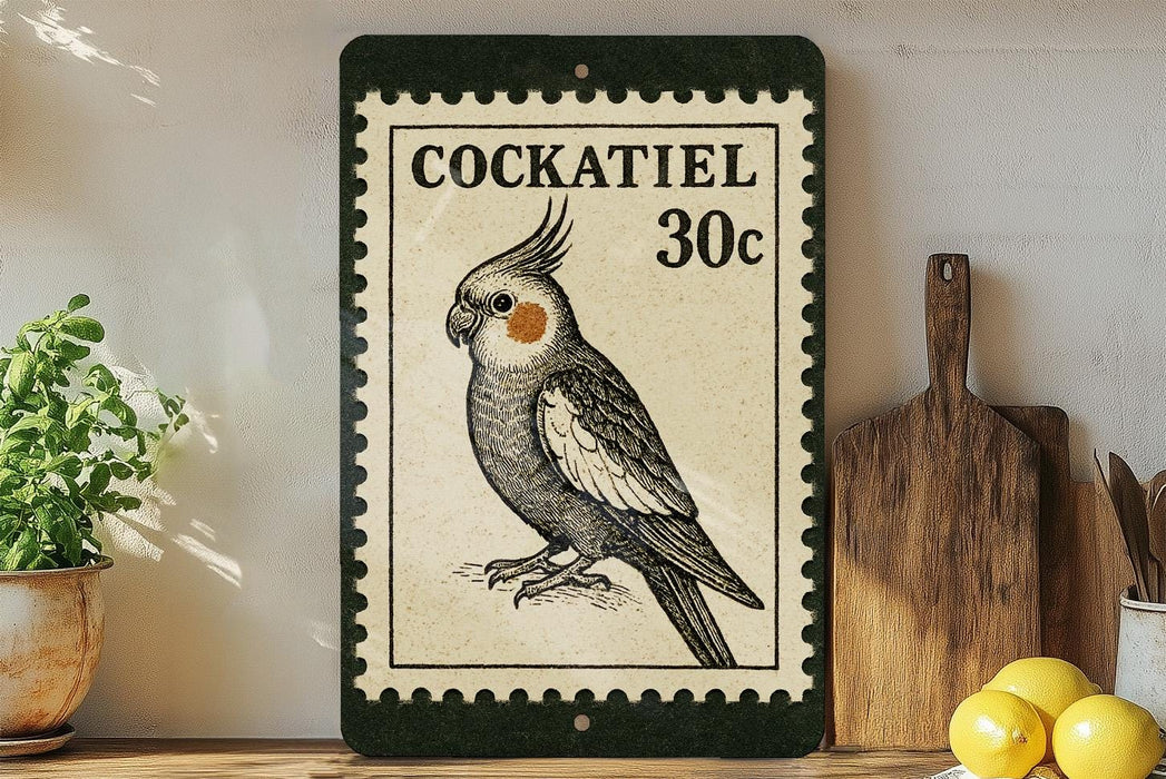 a decorative sign with a bird illustration, placed on a shelf next to a wooden cutting board and some lemons.