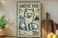 A vintage-style metal stamp depicting an Arctic fox, with the text "ARCTIC FOX" and "20c" printed on it. The stamp is placed on a wooden surface, with a potted plant, a wooden cutting board, and some lemons nearby.