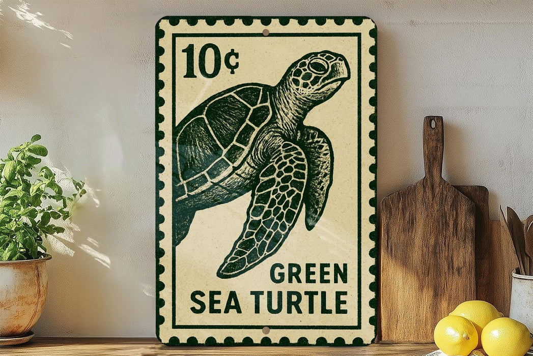 Green Sea Turtle Metal Sign Vertical | Coastal Beach Wall Art | Vintage Stamp Style Ocean Decor | Sea Life Aluminum Sign