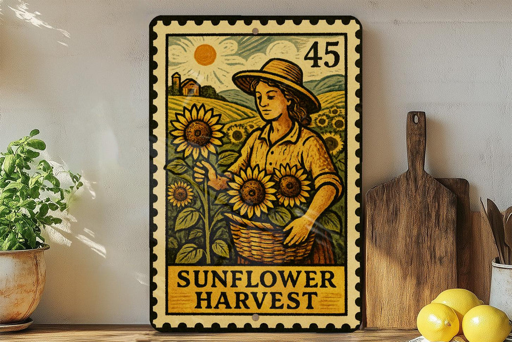 a framed illustration of a woman holding a basket of sunflowers, with a sunflower stamp in the background.