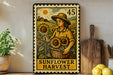 a framed illustration of a woman holding a basket of sunflowers, with a sunflower stamp in the background.
