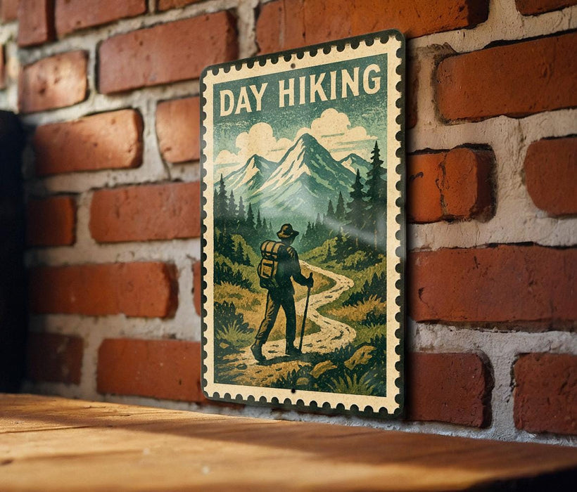 A vintage-style metal sign with a hiker walking through a forest, mounted on a brick wall.