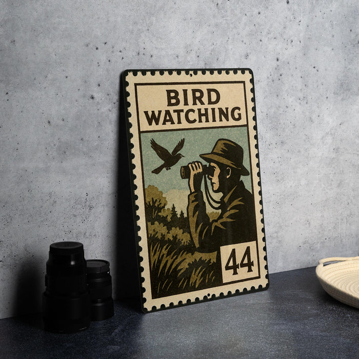 A vintage-style stamp depicting a man using binoculars to observe a bird, with the text "BIRD WATCHING 44" on the stamp.