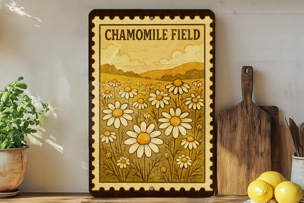 A framed print of a field of flowers is displayed on a shelf, with a wooden cutting board and a potted plant to the left.
