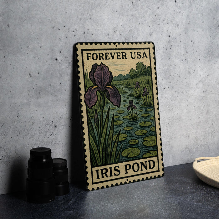 A metal sign with a postage stamp design, featuring an illustration of iris pond flowers and lily pads, placed on a table next to some black camera lenses.