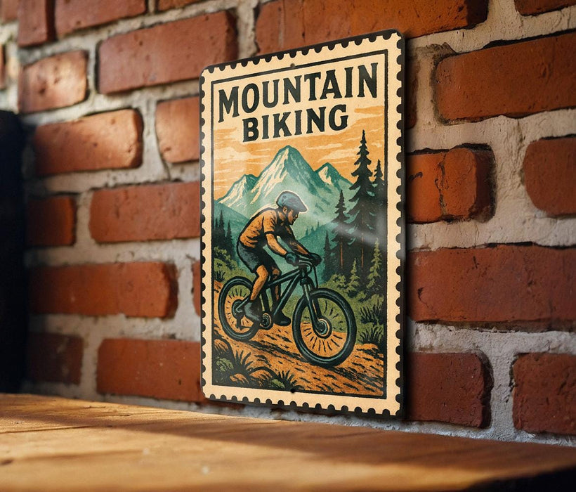 A vintage-style metal sign with a mountain landscape and a person riding a bicycle, mounted on a brick wall.