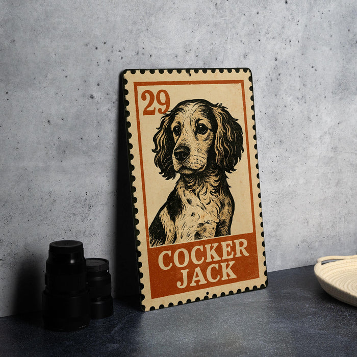 A metal stamp featuring a portrait of a Cocker Jack dog, with the number 29 and the text "COCKER JACK" printed on it.