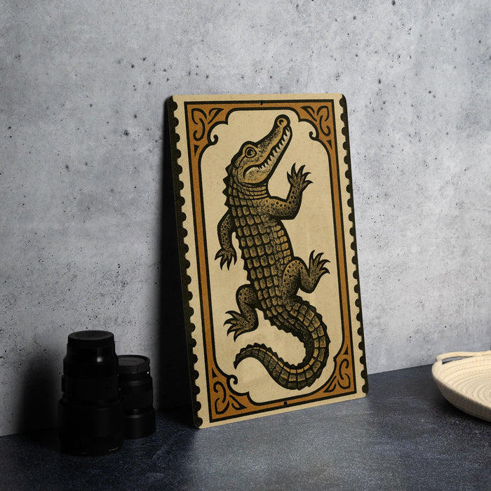 a framed illustration of a crocodile on a wall, with a stack of black camera lenses placed next to it.