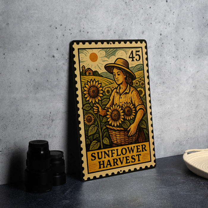 A metal sign with a woman holding a basket of sunflowers, depicting a scene of a farmer harvesting sunflowers.