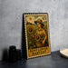 A metal sign with a woman holding a basket of sunflowers, depicting a scene of a farmer harvesting sunflowers.