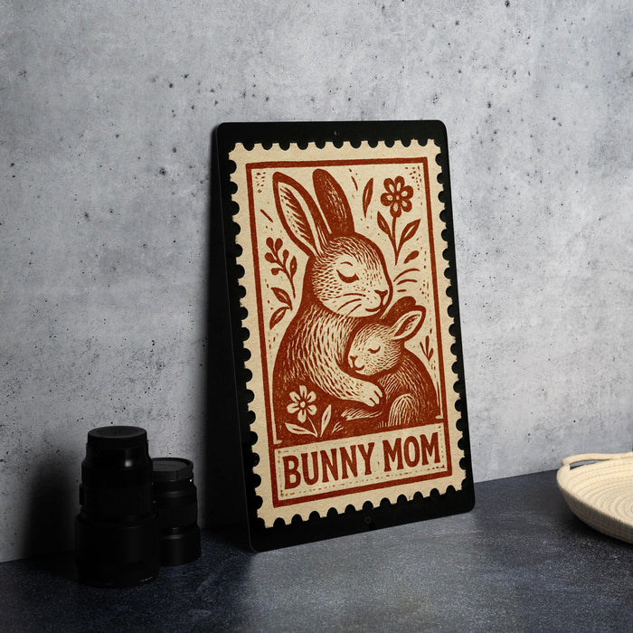 A framed illustration of a rabbit and a baby rabbit, with the text "BUNNY MOM" on the frame, is displayed on a table.