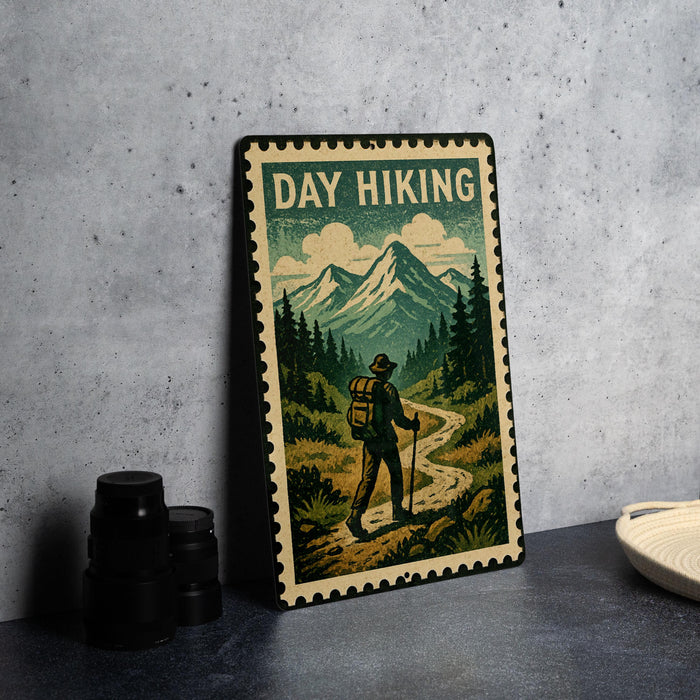 A metal sign with a vintage-style illustration of a hiker walking on a trail through a mountainous landscape, with the text "DAY HIKING" prominently displayed.