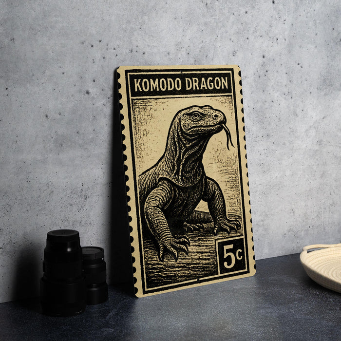 A 5c postage stamp featuring a detailed illustration of a Komodo dragon, a large lizard native to Indonesia.