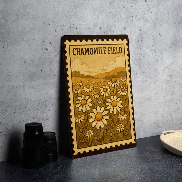 A framed print of a field of daisies is displayed on a table, with a stack of black camera lenses and a white plate nearby.