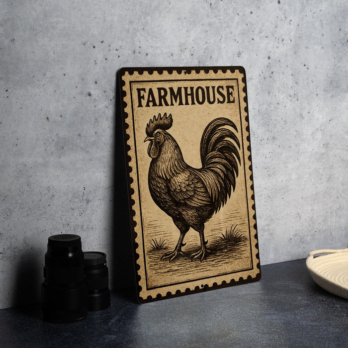a wooden sign with a rooster illustration, placed on a table next to some black containers.