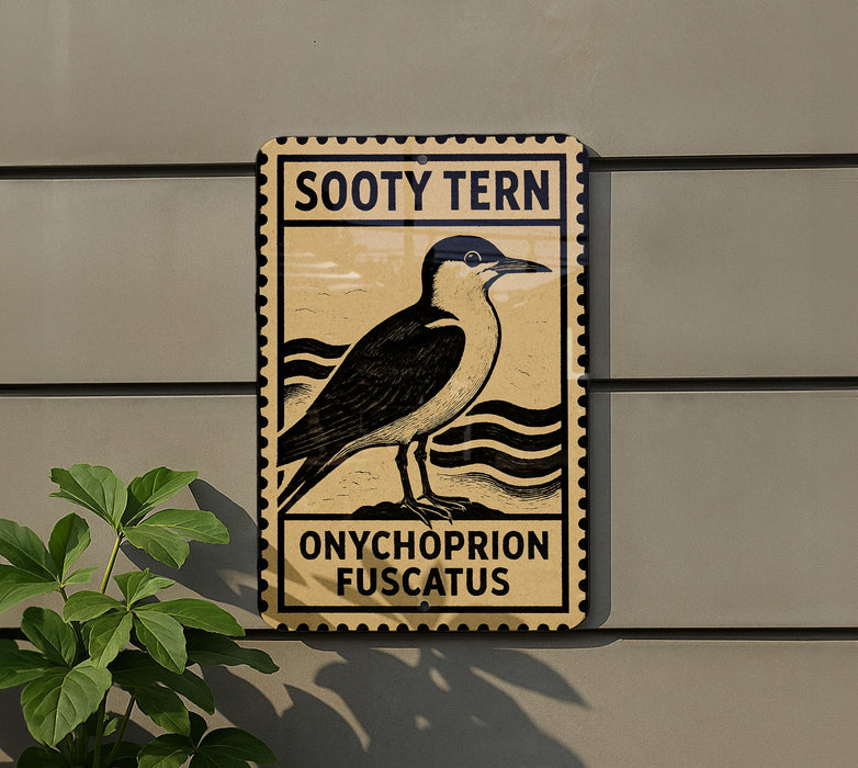 a sign with a bird illustration, mounted on a wall next to a plant.