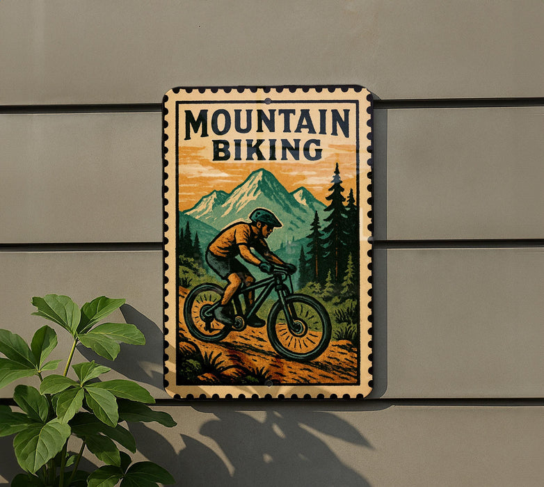 A vintage-style metal sign with a mountain biker illustration, mounted on a wall next to a plant.