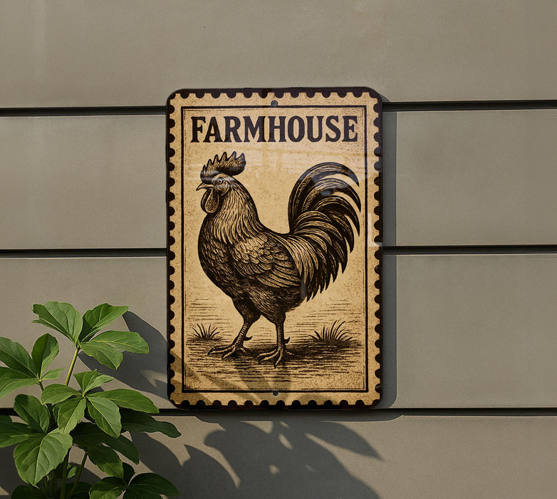a sign with a rooster on it, mounted on a wall.