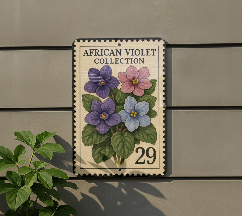 a decorative stamp-like sign with a floral design, mounted on a wall next to a plant.