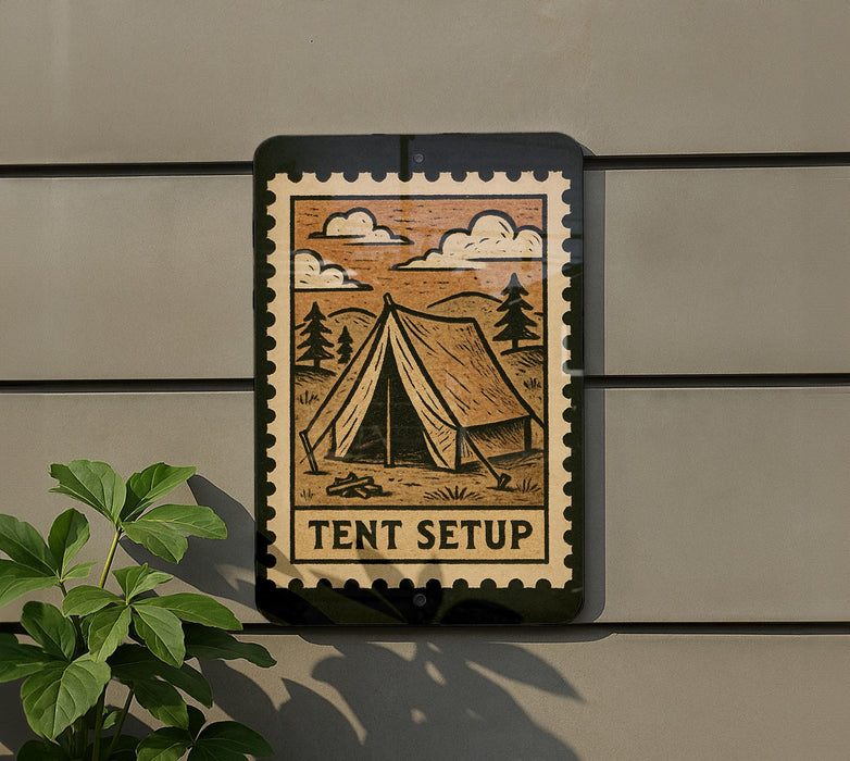 A sign with a tent illustration and the word "TENT SETUP" is mounted on a wall, with a plant to the left of the sign.
