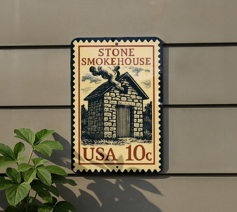 A vintage-style stamp depicting a stone smokehouse, mounted on a wall.