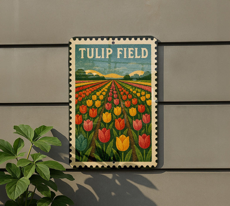 A metal sign with a colorful illustration of a tulip field, mounted on a wall.