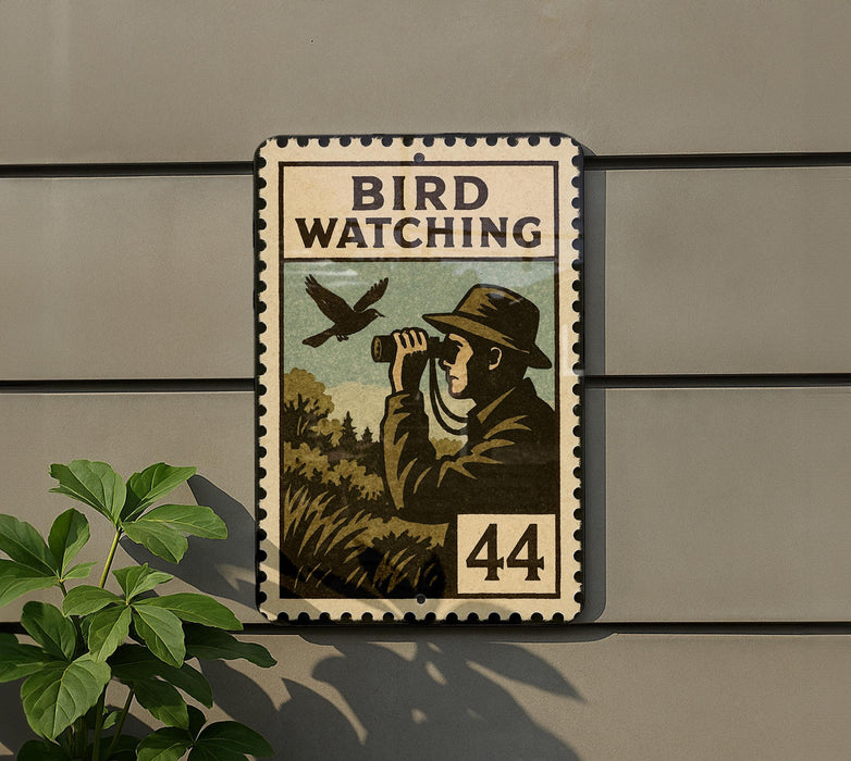 A vintage-style stamp-like sign with a birdwatcher illustration, mounted on a wall next to a plant.