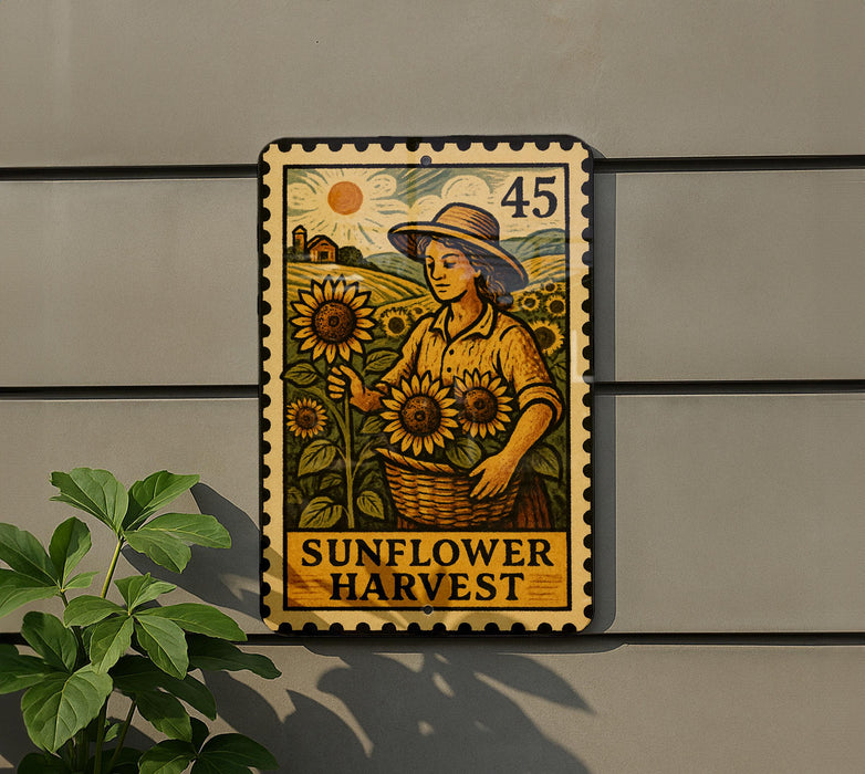 a metal sign with a woman holding a basket of sunflowers, set against a backdrop of a field with a sunflower.