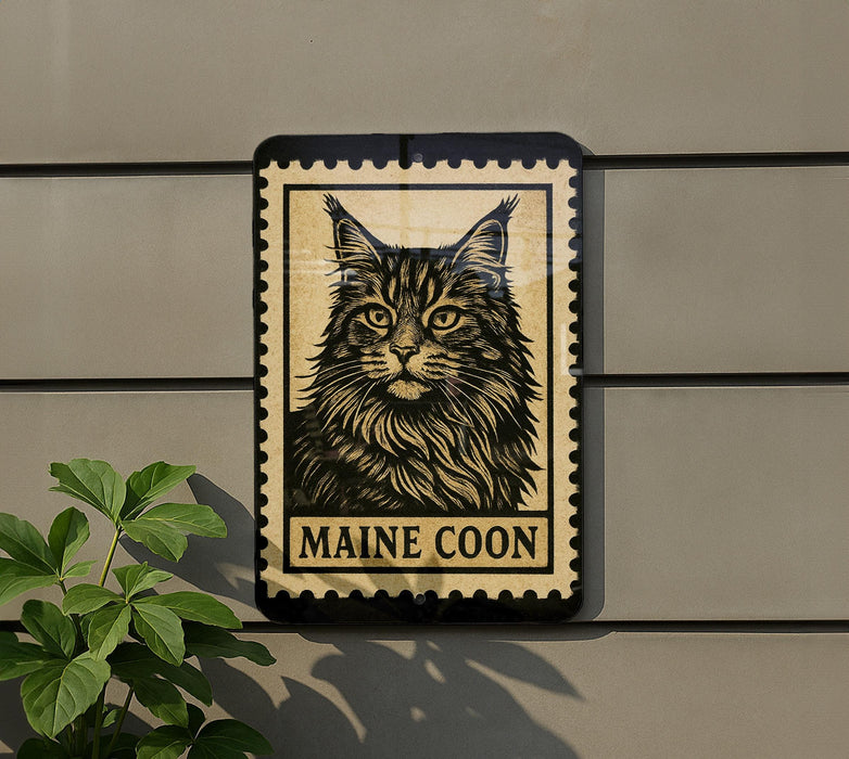 A Maine Coon cat illustration on a wall, with the text "MAINE COON" below the image.