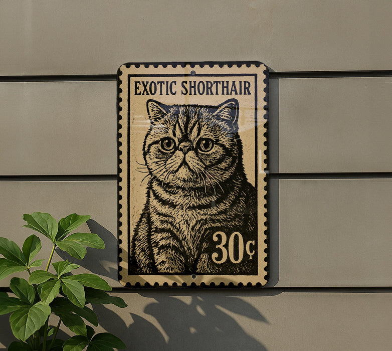 a cat, specifically an exotic short haired cat, on a postage stamp-like sign.