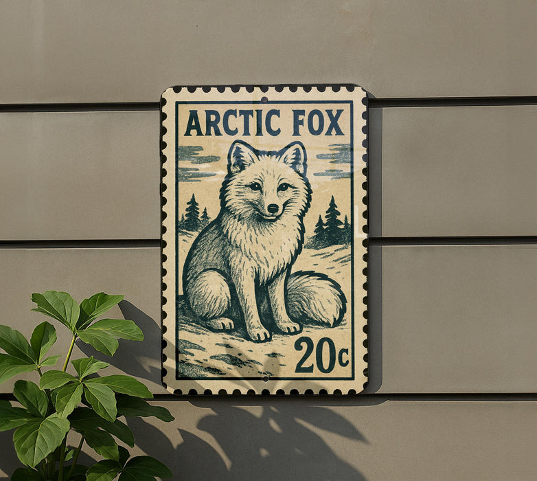A postage stamp featuring an illustration of an Arctic fox, with the text "ARCTIC FOX" and "20c" printed on it.