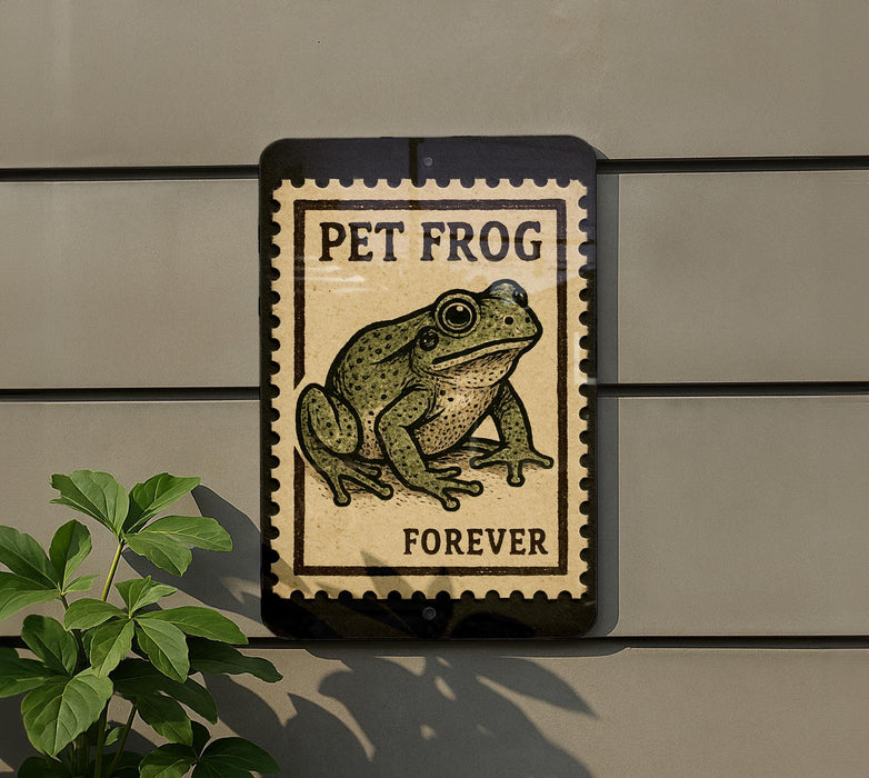 a sign with a frog illustration and the text "PET FROG FOREVER" on a wall.