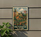 A metal sign with a vintage-style illustration of a person tending to a garden, surrounded by potted plants, mounted on a wall.
