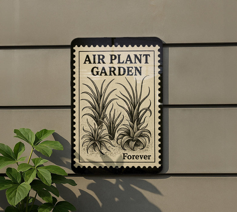 a sign that reads "Air Plant Garden Forever" with a black and white illustration of a plant on it. The sign is mounted on a wall, and there is a plant to the left of the sign.