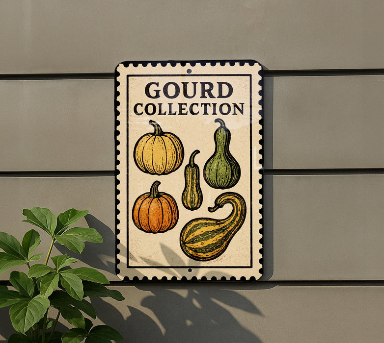 A sign for a gourd collection, featuring illustrations of various gourds on a white background with a black border.